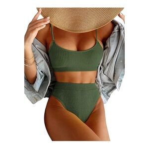 High Waisted Crop Top Ribbed Bikini Set New Army Green Size L